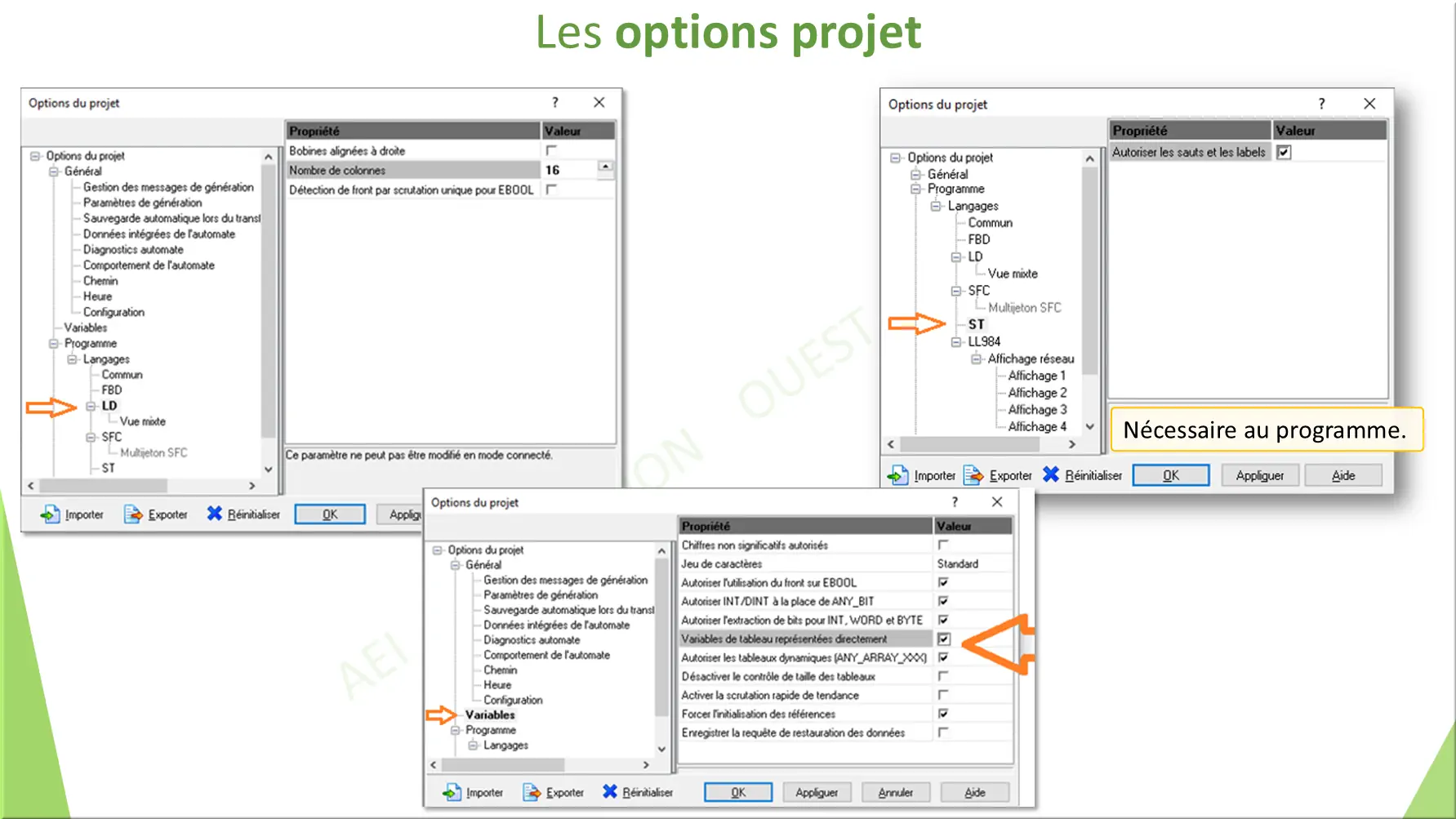 Les options projet